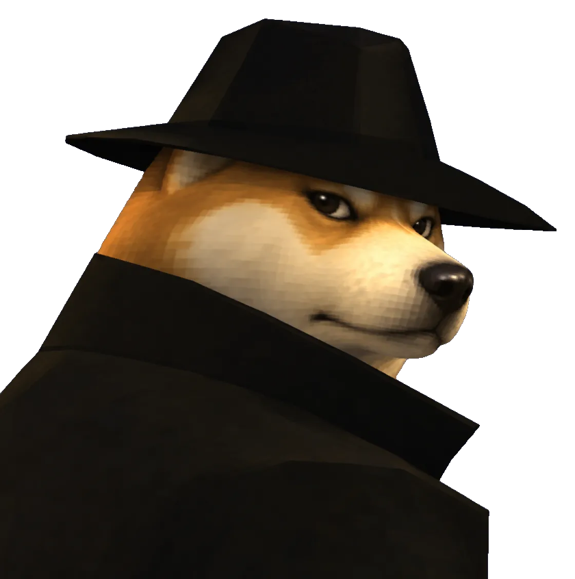 Agent Inu in his black fedora and turned-up coat collar, glancing sideways