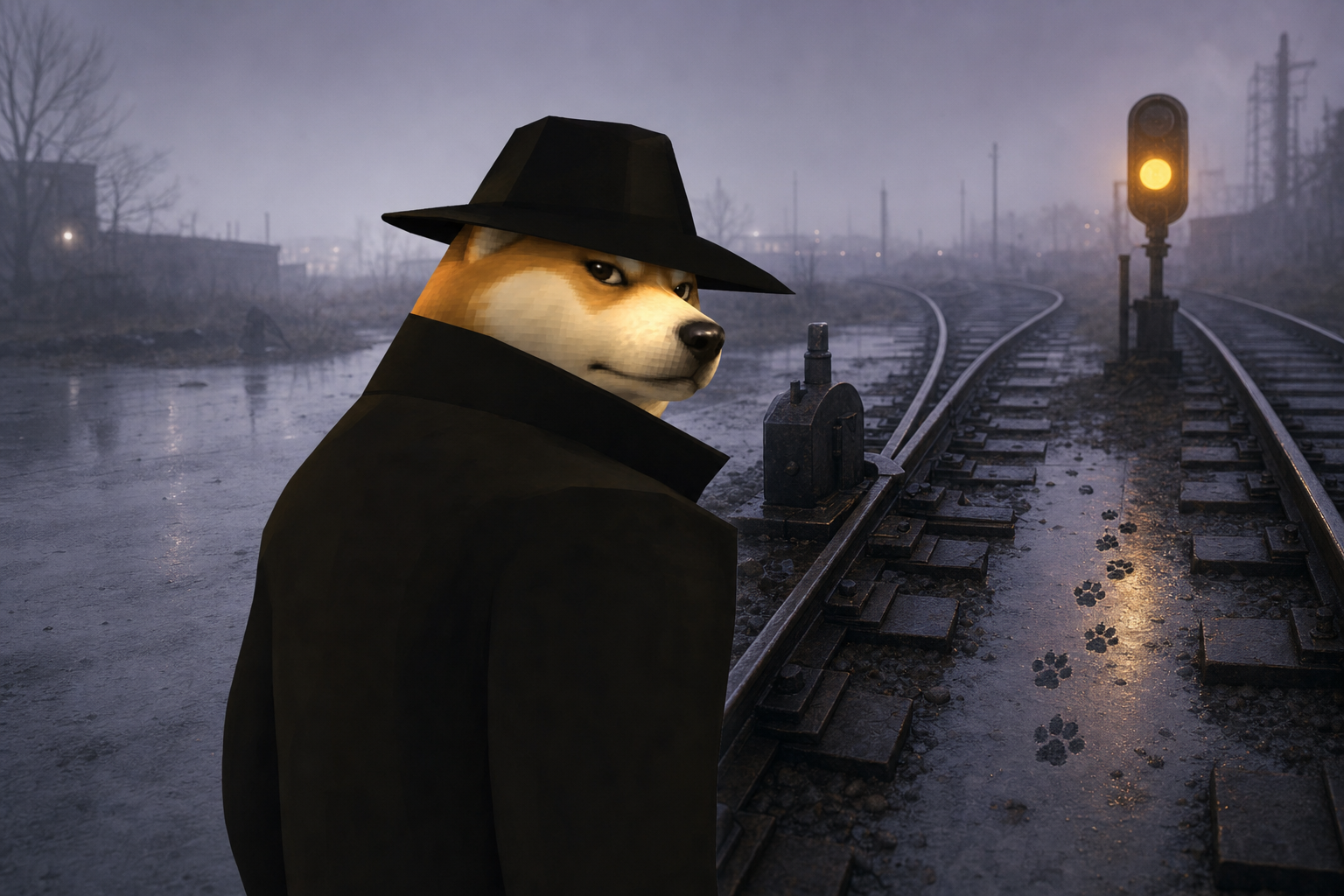 Agent Inu, a shiba in a black fedora and coat, looks back over his shoulder in a foggy switchyard beside paw prints on the tracks and an amber signal
